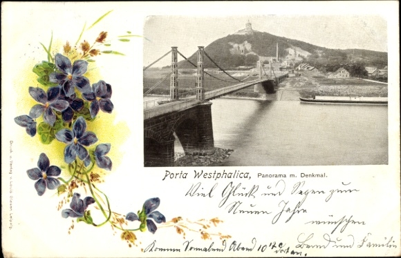 Ansichtkaart Porta Westfalica aan de Weser, brug, water, panorama, monument, bloemmotief