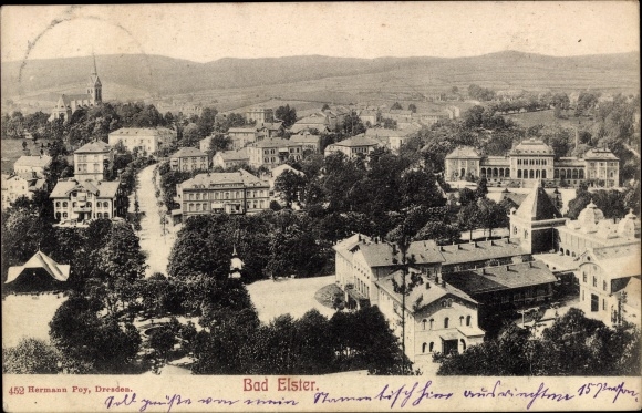 Postcard Bad Elster in Vogtland, panoramic view over the roofs of the city, church