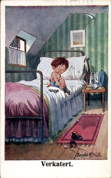 Artist Postcard McGill, Donald, Any fool can go to bed, it takes a man to get up
