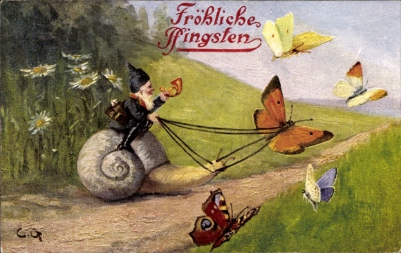 Artist Postcard Congratulations Pentecost, Dwarf, Snail, Butterflies