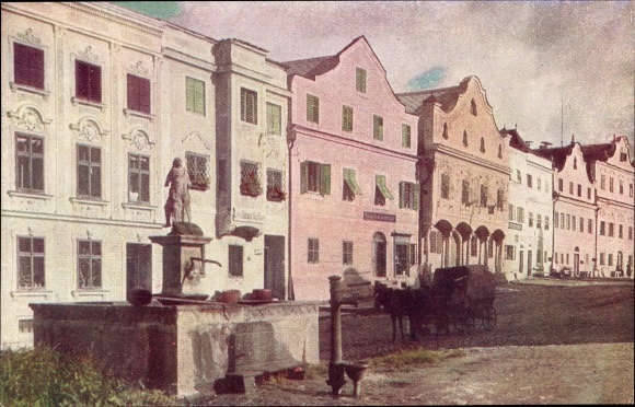 Postcard Neufelden im Mühlviertel Upper Austria, street, fountain