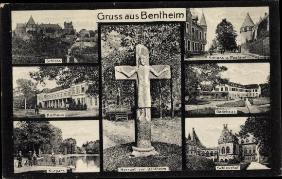Postcard Bad Bentheim in Lower Saxony, castle, spa, post office, spa park, bathhouse