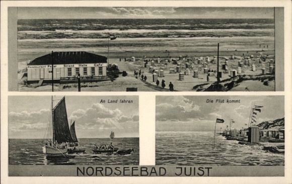 Postcard North Sea resort Juist in East Frisia, beach, beach hall, sailing boat, tide, North Sea resort Juist