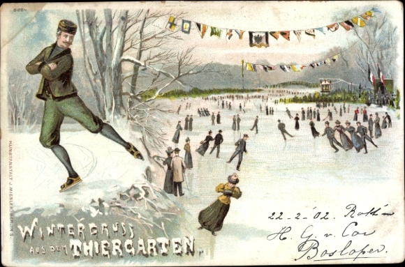Chromo-Litho Berlin Tiergarten, ice skating on the Spree