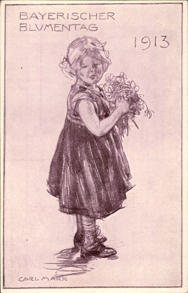 Postcard Munich, Bavarian Flower Day 1913, Carl Marr, Girl with Bouquet