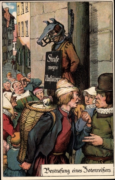 Künstler Litho Jodolfi, Bestrafung eines Zotenreißers, Hundemaske, Strafe wegen Unfläterei