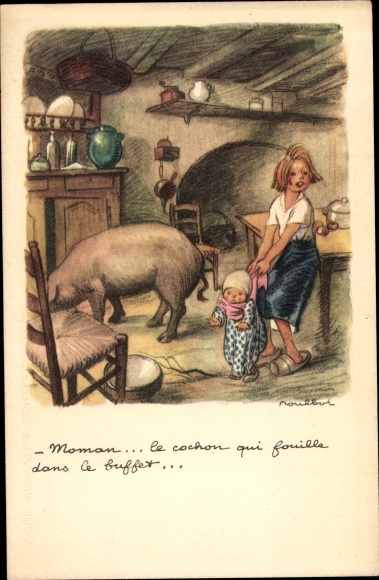 Artist PC Poulbot, Francisque, Ligue Nationale contre le Taudis, kinderen en varken in een keuken