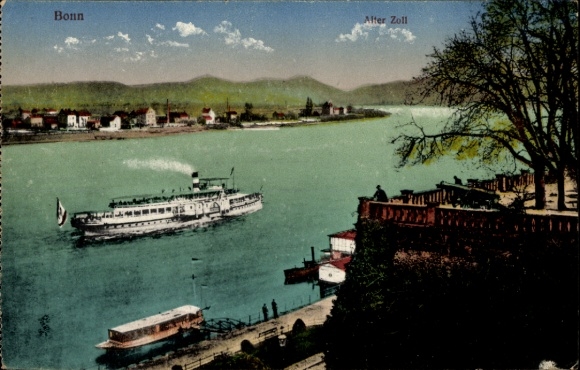 Postcard Bonn am Rhein, Old Customs, steamship on the Rhine, river promenade, trees