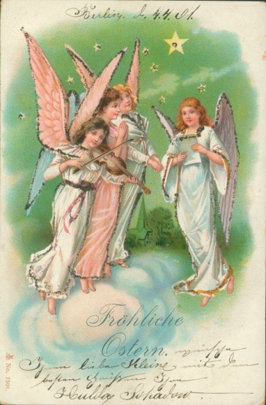 Glitter Chromo-Litho Congratulations Easter, singing angels, violin, cloud