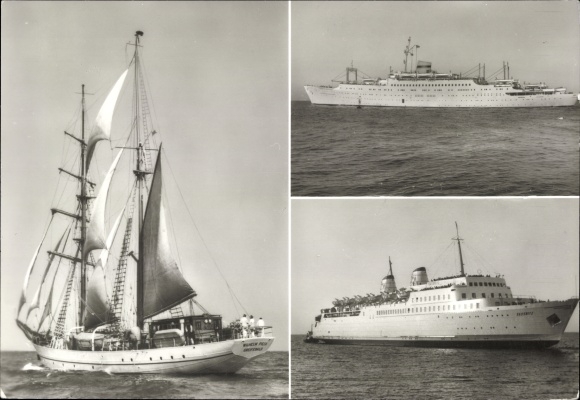 Postcard sailing training ship Wilhelm Pieck, FDGB holiday ship Friendship of Nations, ferry Sassnitz