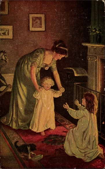 Postcard Before going to bed, good night, family, baby, cat with bowl