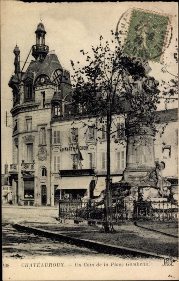 Postcard Châteauroux Indre, building, Place Gambetta, statue, old architecture
