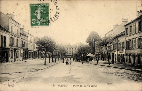 Ak Gagny Seine Saint Denis, Stadtansicht, Platz du Baron Roger, historische Gebäude, Bäume, Me...