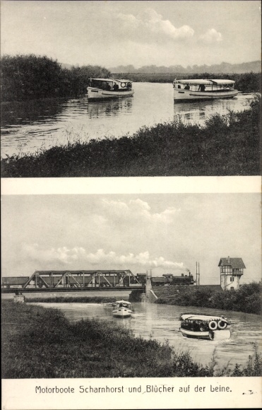 Postcard Rehten Laatzen on a leash, motor boats Scharnhorst and Blücher
