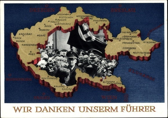 Postal stationery Postcard We thank our leader, Sudetenland, Bohemia, Moravia, Hitler