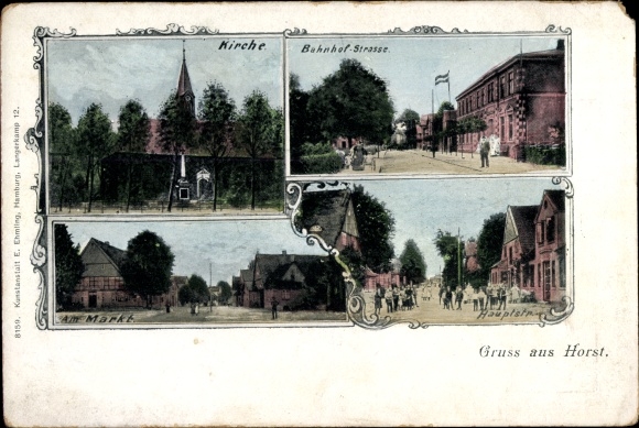 Ak Horst in Holstein, kerk, Bahnhofstrasse, op de markt, hoofdstraat