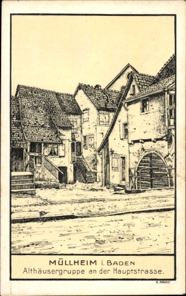 Postcard Müllheim in Baden Markgräflerland, old houses group, main street, drawing, K. Rauch