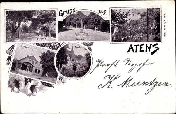 Postcard Atens Nordenham in the Oldenburger Land, street section, monument, church, beer hall