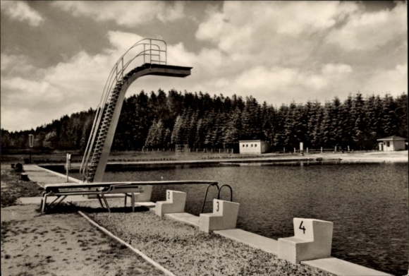 Postcard Marienberg in the Ore Mountains Saxony, summer pool, diving tower, water basin, trees in the background