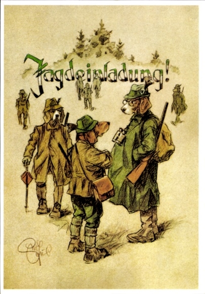 Artist Postcard Geilfus, H., Hunting invitation, dogs as hunters