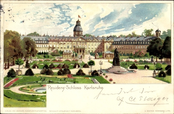 Chromo-Litho Karlsruhe in Baden, residence castle, monument