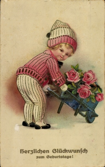 Postcard birthday greeting, child with rose wheelbarrow