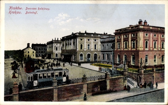 Ak Kraków Krakau Polen, Bahnhof, Straßenbahn