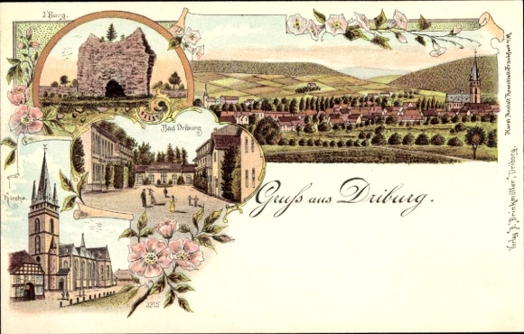 Chromo-Litho Bad Driburg in Westphalia, church, castle ruins, total view