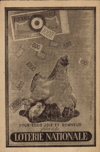 Postcard Pour tous joie et Bonheur, Loterie Nationale, chicken family, banknotes