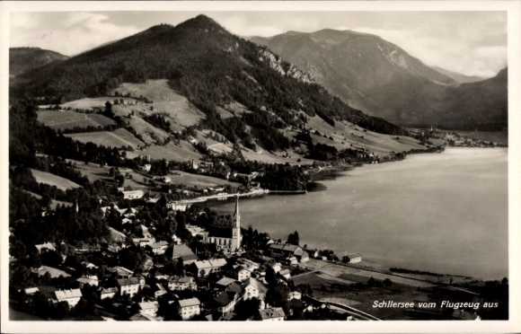Postcard Schliersee in Upper Bavaria, Schliersee from the plane, mountainous landscape, lake, houses