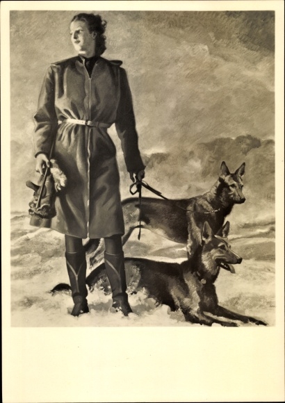 Artist PC Engelhard, Jul., girls with dogs, HDK No. 523, shepherd dogs