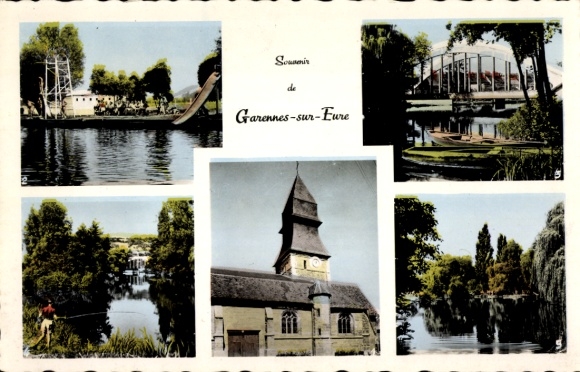 Ak Garennes Eure, kerk, strand, pont, oevers van de Eure