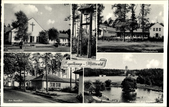 Ak Mittwald Espelkamp Ostwestfalen Lippe, Martinskirche, Ostlandschule, Waldbad, Nordtor,Glockenturm