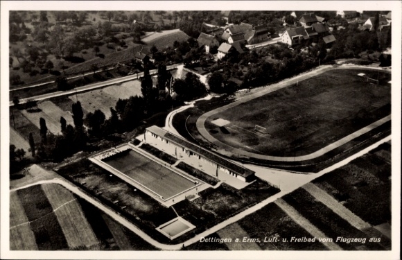 Postcard Dettingen an der Erms, aerial view of the outdoor pool and sports field, beautiful landscape photo