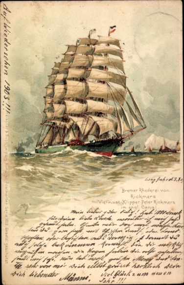 Künstler Litho Bohrdt, Hans, Viermast Klipper Peter Rickmers im englischen Kanal