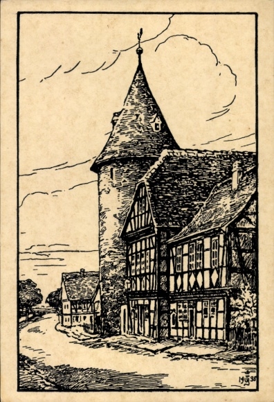Artist Postcard Meerholz Gelnhausen in Hesse, town hall, watchtower