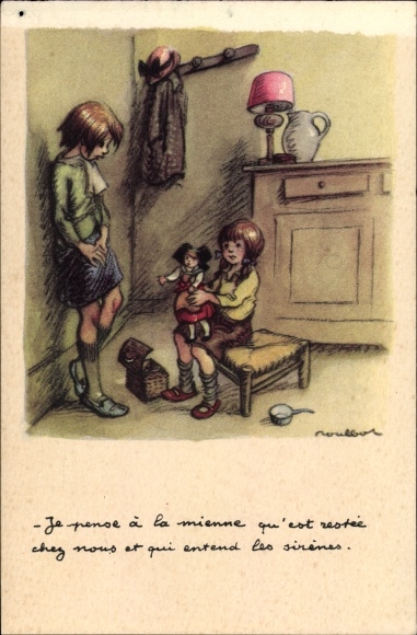 Artist PC Poulbot, girl with doll, room, coat, lamp, Ligue national contre le taudis