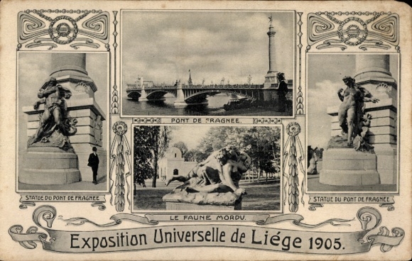 Postcard Liège Liège Wallonia, Exposition Universelle 1905, Pont de Fragnee, Le Faune Mordu, Statues