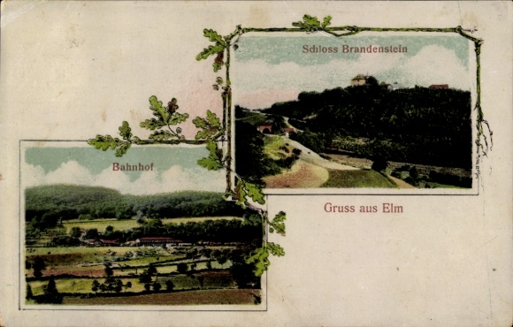 Passepartout Postcard Elm Schlüchtern in Hesse, Brandenstein Castle, Train Station