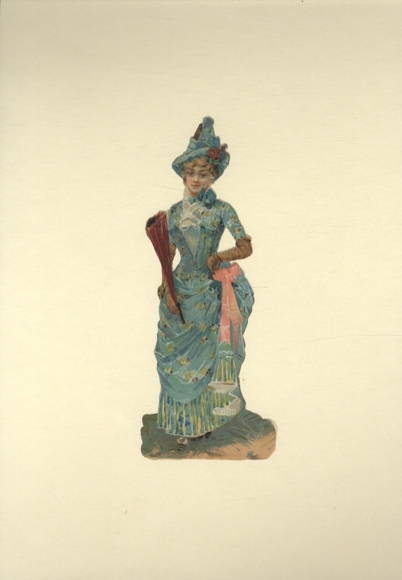 Dama oblatka w wystawnej sukni i kapeluszu, ok. 17 x 8 cm