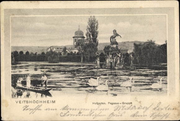 Postcard Veitshöchheim in Lower Franconia, Court Garden, Pegasus Group, Swans