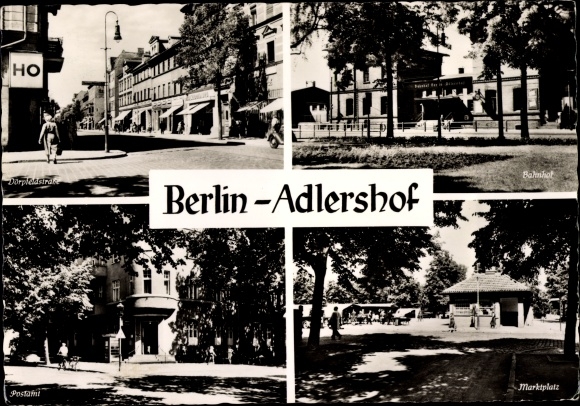 Postcard Berlin Treptow Adlershof, Dörpfeldstraße, HO shop, train station, post office, market square