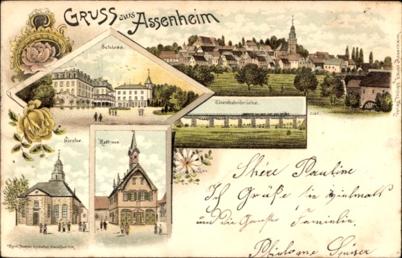 Chromo-Litho Assenheim in the Palatinate, castle, church, town hall, railway bridge