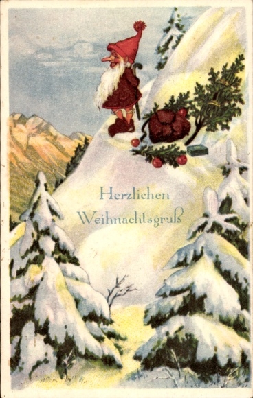 Postcard Congratulations Christmas, dwarf hiking, fir trees