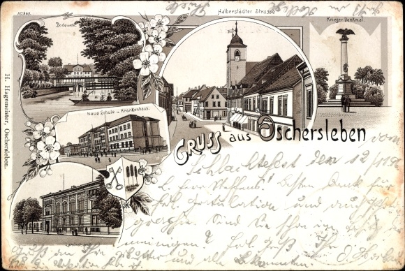 Litho Oschersleben an der Bode, Bodewehr, Neue Schule, Krankenhaus, Kriegerdenkmal, Landsratsamt