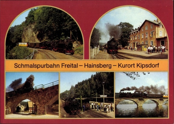 Postcard narrow gauge railway Freital Hainsberg Kipsdorf, viaduct in Malter, station Dippoldiswalde, Rabenau