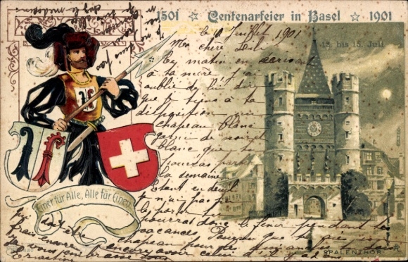Wytłoczony herb lito Bâle Bazylea Miasto Szwajcaria, obchody stulecia 1901, Gwardia z halabardą, Spalentor