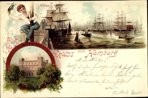 Litho Hamburg, Segelschiffhafen mit Seewarte, Matrose am Mast