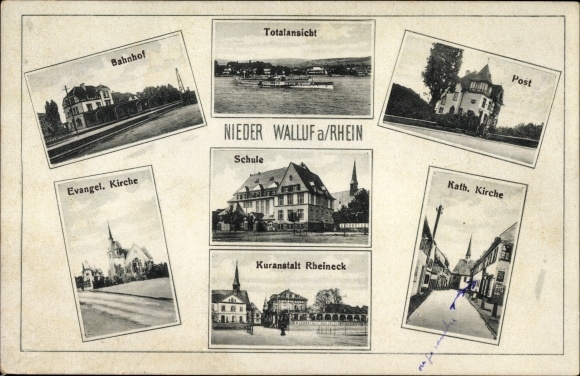 Ak Niederwalluf Walluf im Rheingau Taunus Kreis Hessen, Bahnhof, Kirche, Post, Schule, Totalansicht