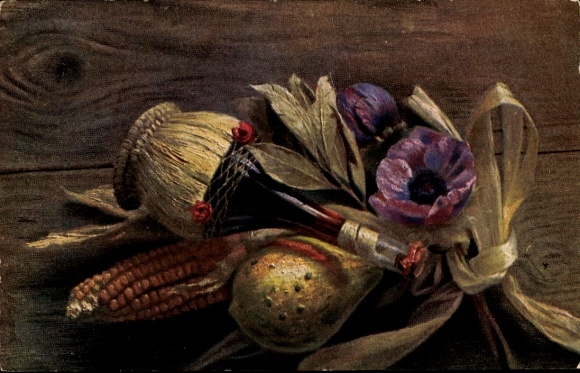 Ak Weinflasche, Blumen, Mais, Birne